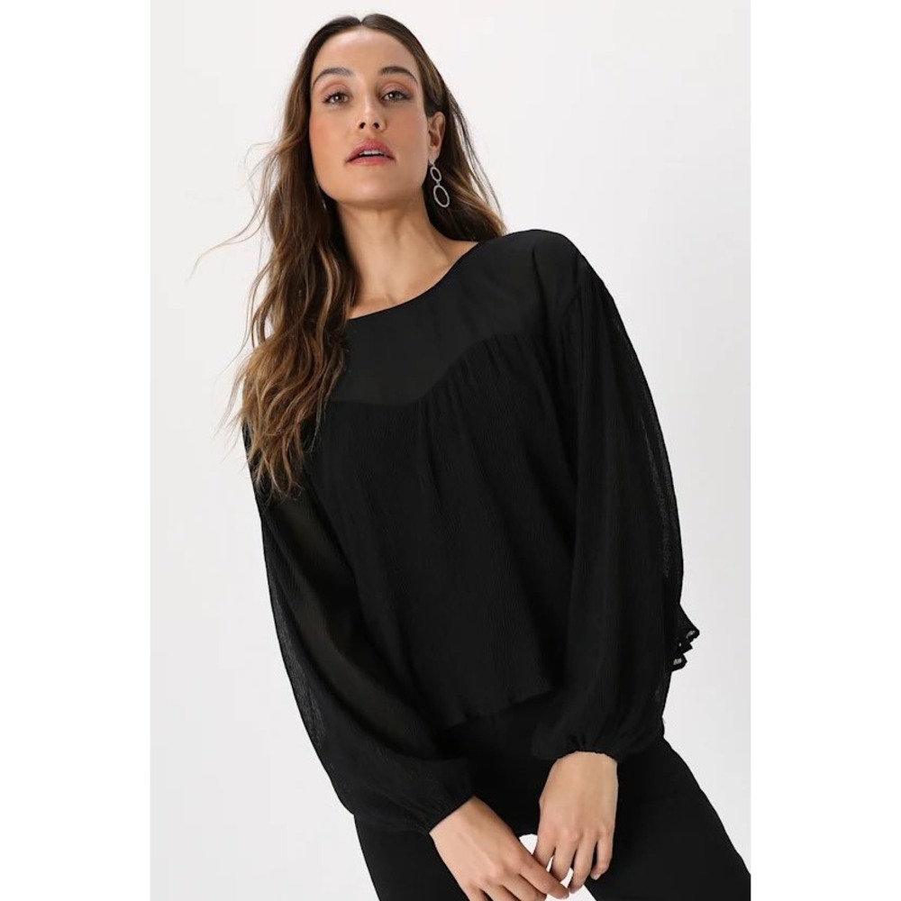 Lulus Perfect Presentation Black Long Sleeve Tie-Back Mesh Pleated Top‎ Small